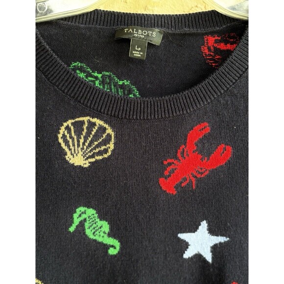 Talbots Sweater Petite Lp Navy Blue BY THE SEA Pullover Lobster Nautical Ocean - Picture 2 of 7